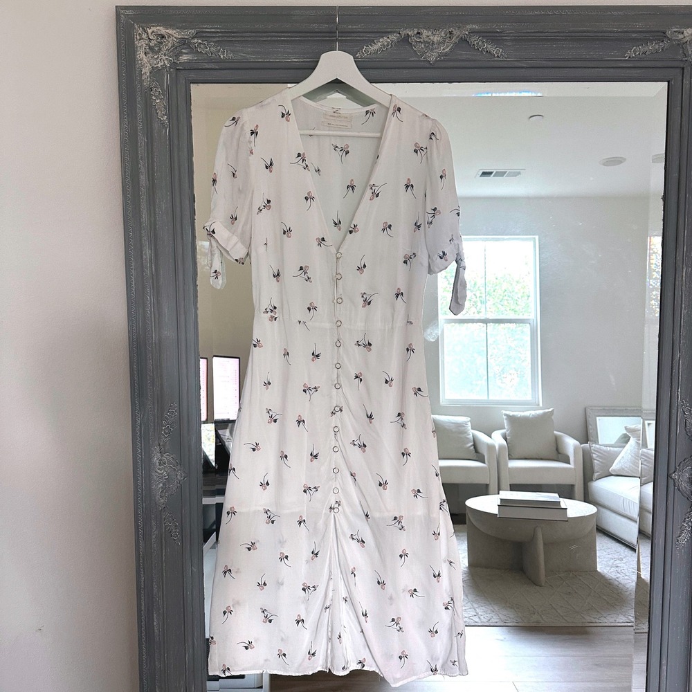 Urban Outfitters Melanie Floral Button Down Midi Dress Short Sleeve Tie Cuff M - Picture 6 of 14